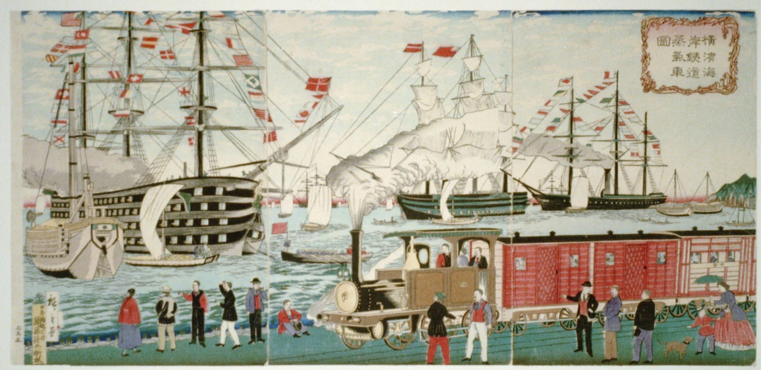 Estampe d'Hiroshige III montrant un train à vapeur longeant le littoral de Yokohama en 1874