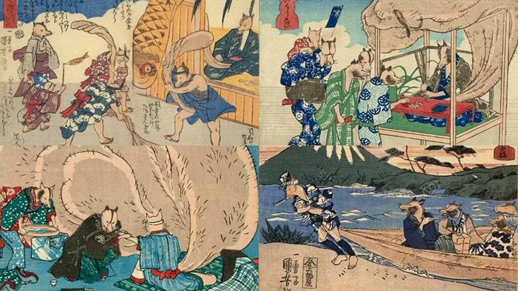 Au milieu des années 1840, le maître de l'ukiyo-e Utagawa Kuniyoshi (1797-1861) a créé un certain nombre de gravures sur bois montrant des tanuki légendaires (chiens viverrins) utilisant de manière créative leurs testicules de grande taille.