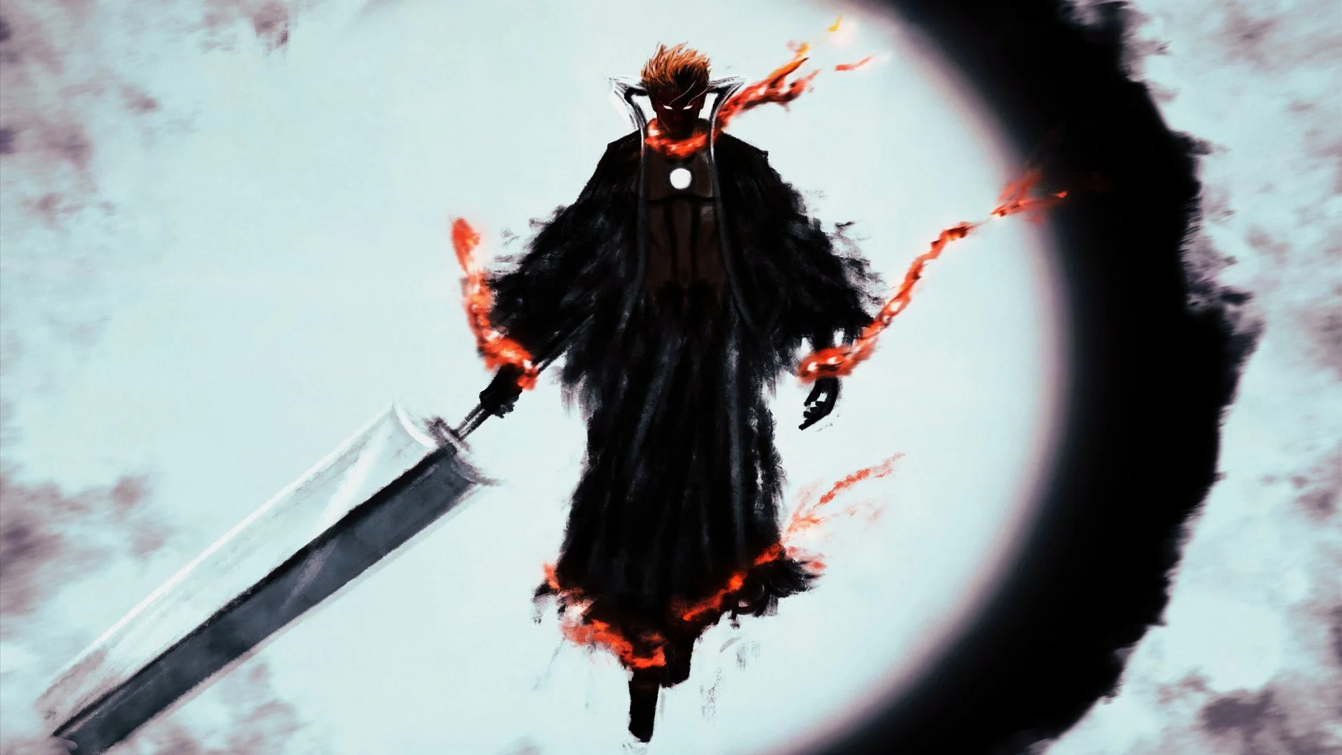 Ichigo Kurosaki, cheveux longs et corps enveloppé de noir, brandit son sabre lors de l'ultime Getsuga Tenshō dans Bleach