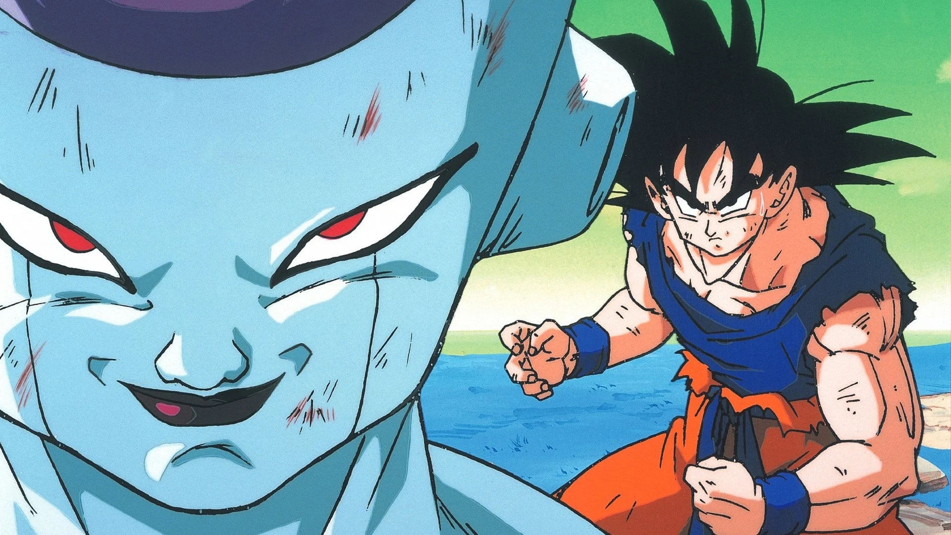 Freezer sourit face à Goku, poings serrés, pendant leur combat sur Namek dans Dragon Ball Z