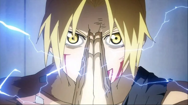 Edward Elric joint les mains pour une transmutation, le visage blessé, dans l'épisode 63 de Fullmetal Alchemist: Brotherhood