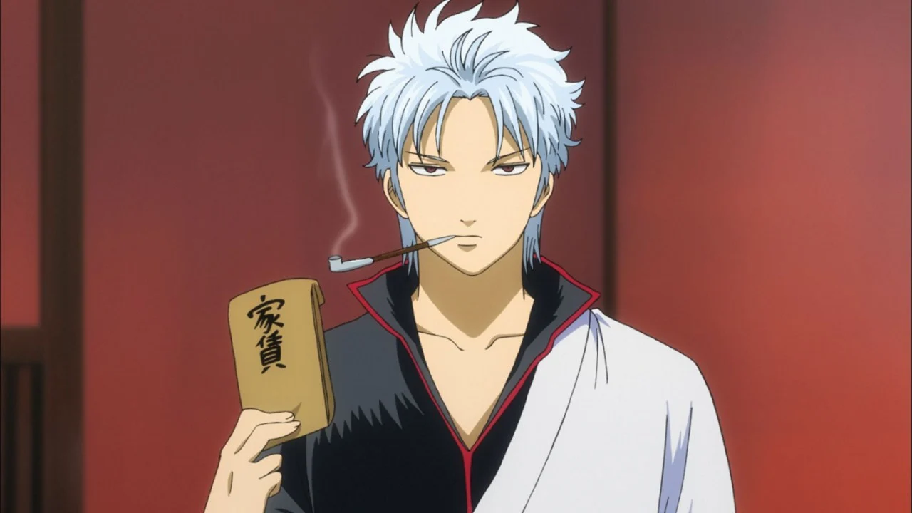 Gintoki Sakata, une cigarette en bonbon à la bouche, tient un carnet dans l'épisode 287 de Gintama