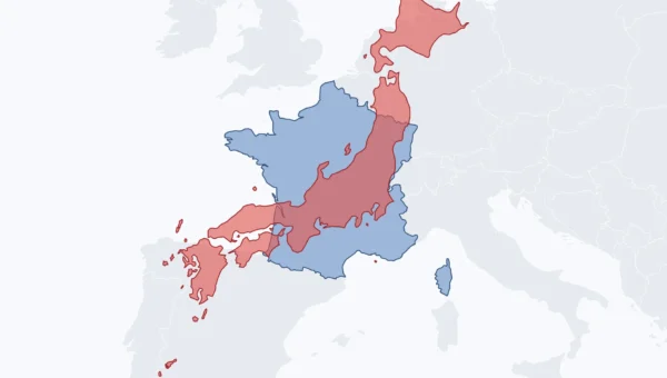Carte du Japon superposé à la France à la même échelle, de Hokkaidō aux Pays-Bas jusqu'à Kyūshū en Espagne