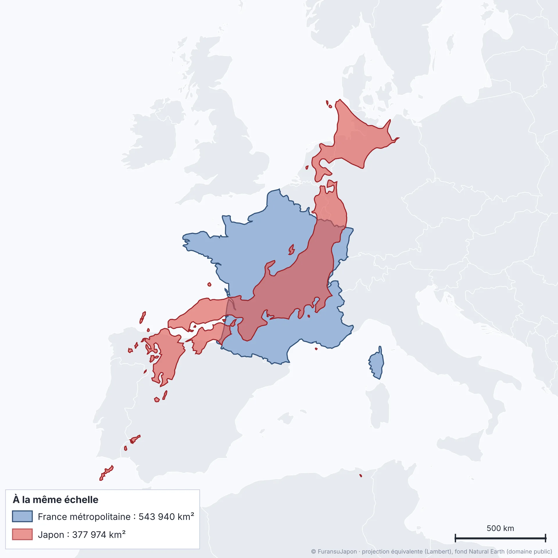 Le Japon posé sur la carte de l'Europe à la même échelle que la France : Hokkaidō au niveau des Pays-Bas, Kyūshū en Espagne, Okinawa au Maroc