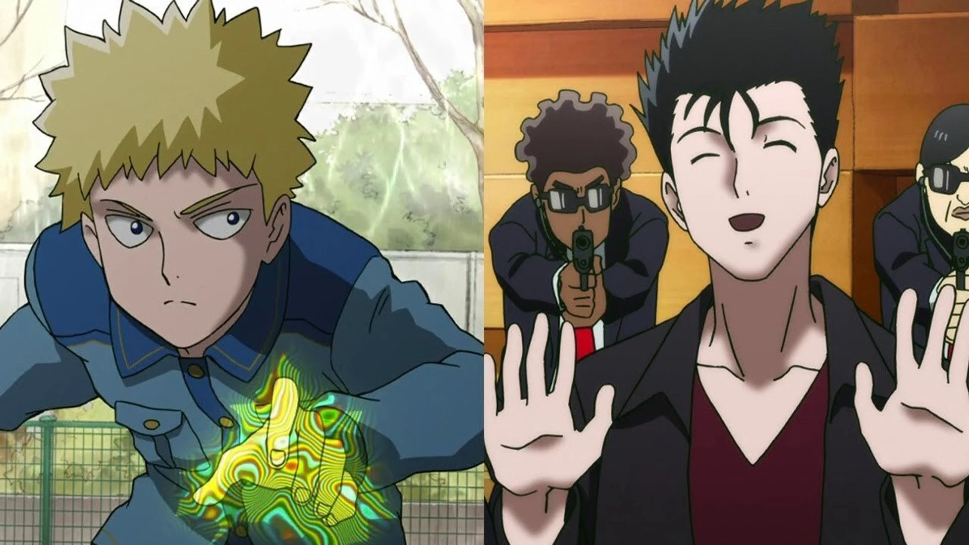 Écran partagé entre Mob, qui concentre ses pouvoirs psychiques, et Reigen, menacé par des hommes armés, dans l'épisode 9 de la saison 2 de Mob Psycho 100