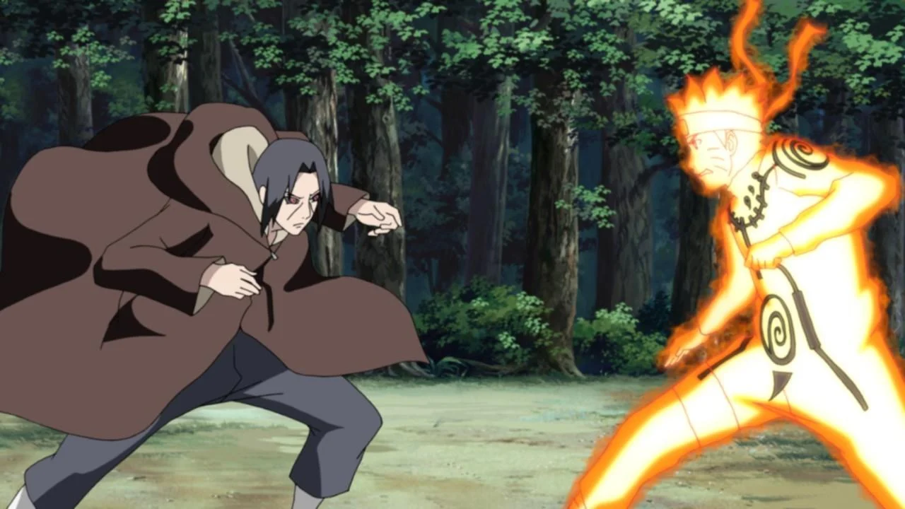 Naruto, en mode Chakra de Kyûbi, fait face à Itachi dans la forêt dans l'épisode 298 de Naruto Shippuden