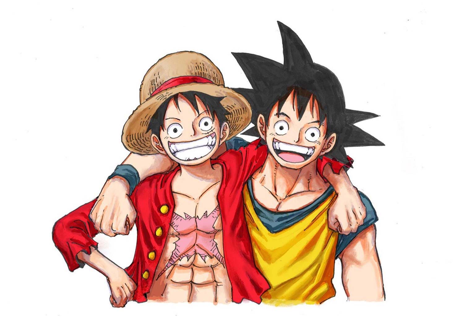 Luffy (gauche) et Goku (droite) dessinés par Eiichiro Oda