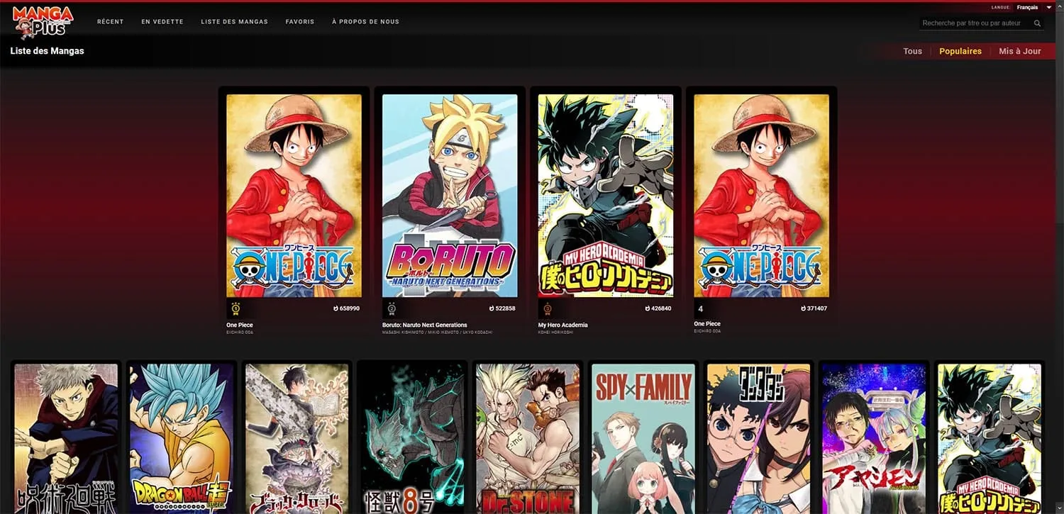 Les nombreuses licences disponibles sur Manga Plus
