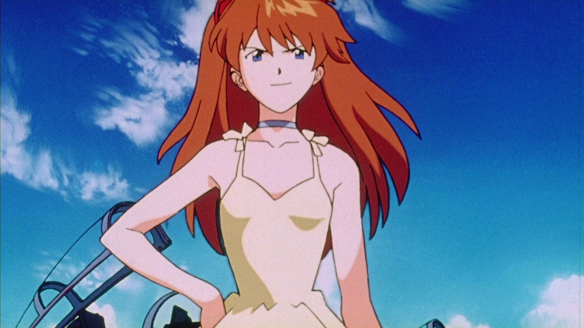 Asuka Langley Sōryū, main sur la hanche, sur le pont d'un navire dans Neon Genesis Evangelion