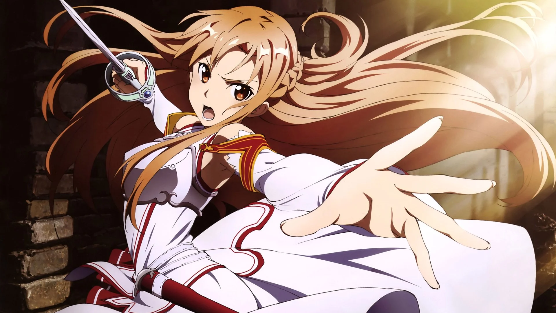 Asuna Yūki, rapière en main, s'élance au combat dans Sword Art Online