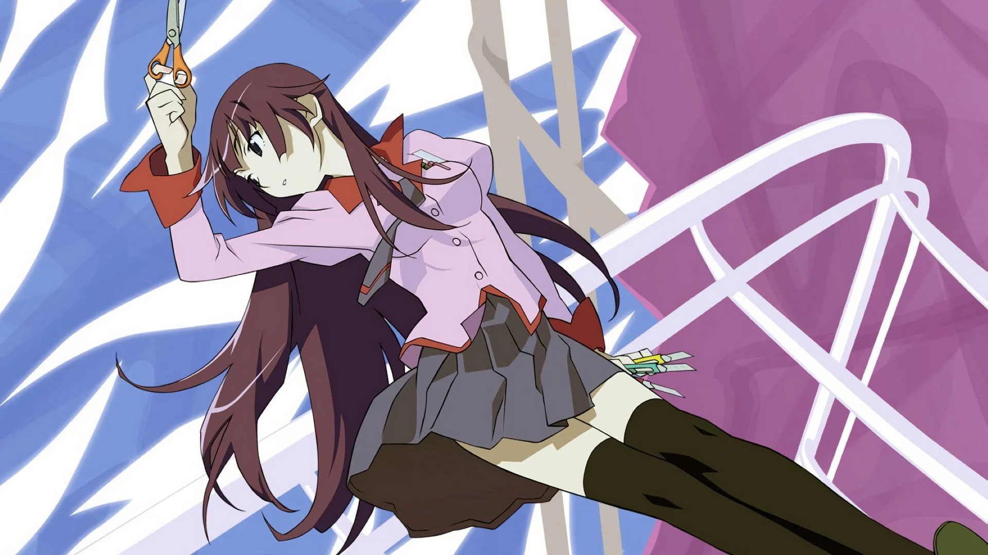 Hitagi Senjōgahara en uniforme scolaire, dans une pose dynamique, dans Bakemonogatari