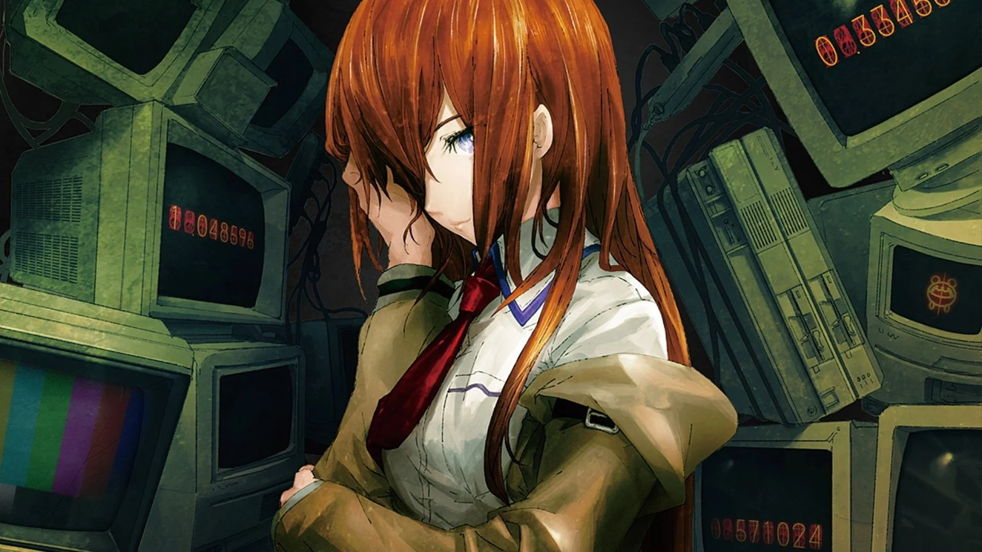 Kurisu Makise, pensive, au milieu des machines du laboratoire dans Steins;Gate