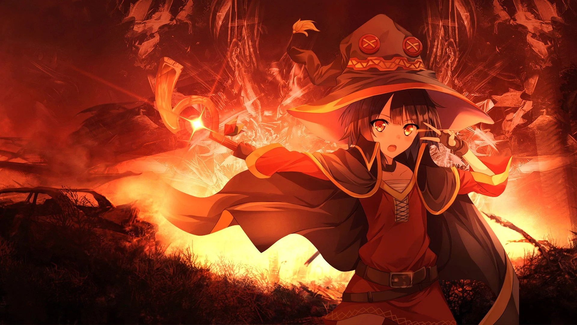 Megumin lève son bâton devant une explosion géante dans KonoSuba