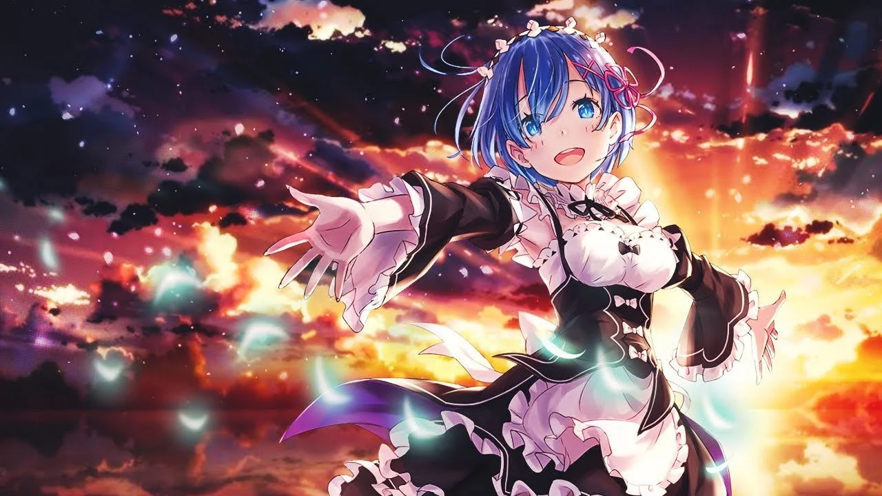 Rem, la servante aux cheveux bleus, tend la main devant un ciel embrasé dans Re:Zero
