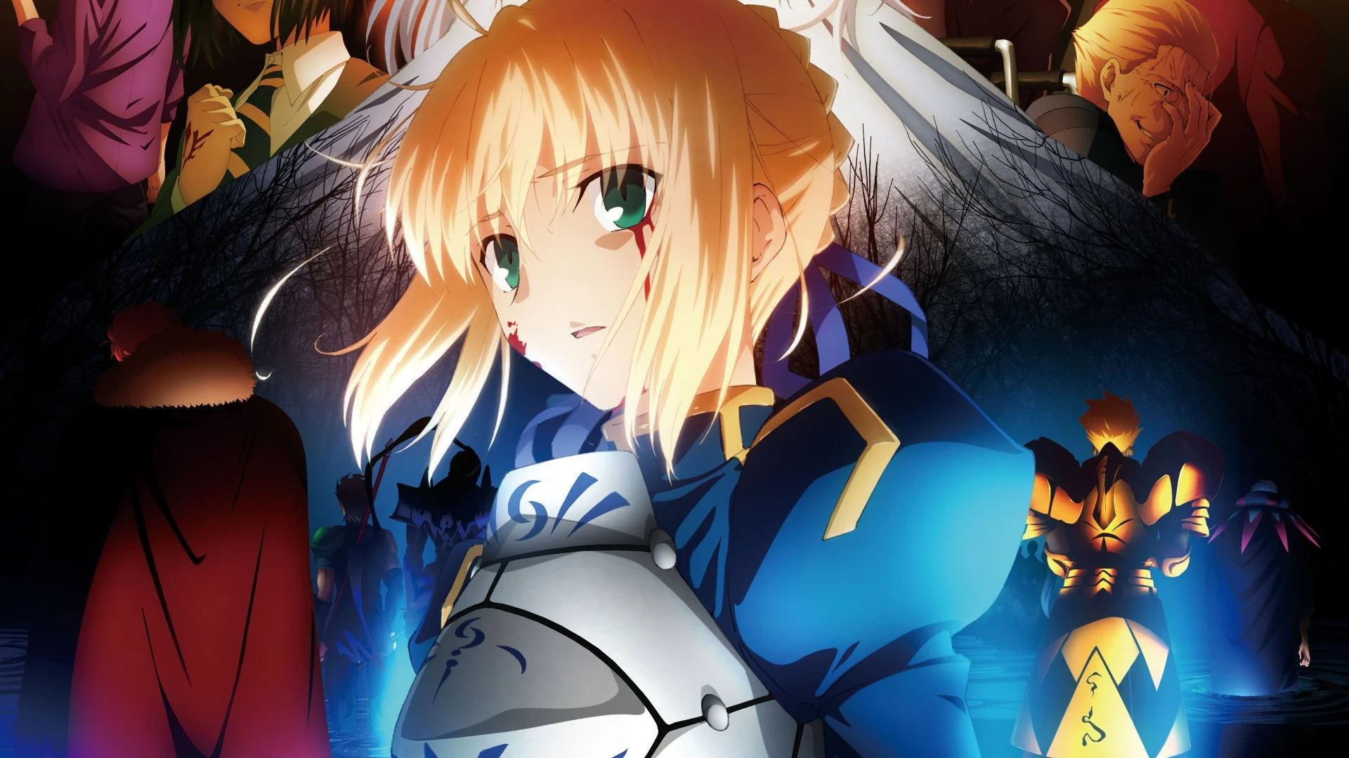 Saber en armure, le visage marqué par le combat, dans Fate/Zero