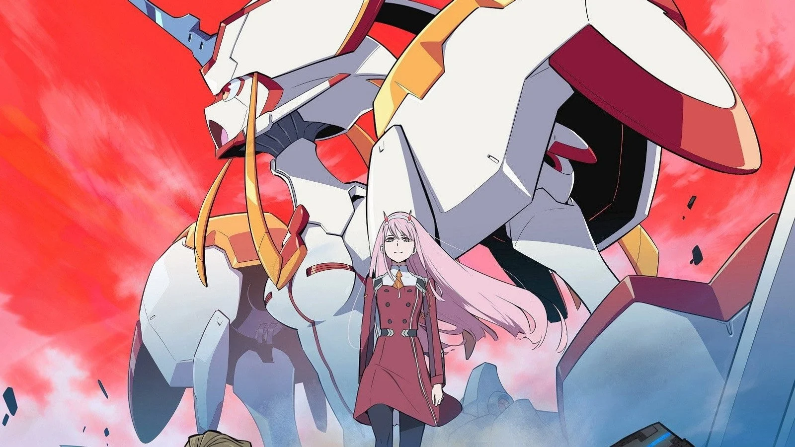 Zero Two debout devant le robot Strelizia dans Darling in the Franxx