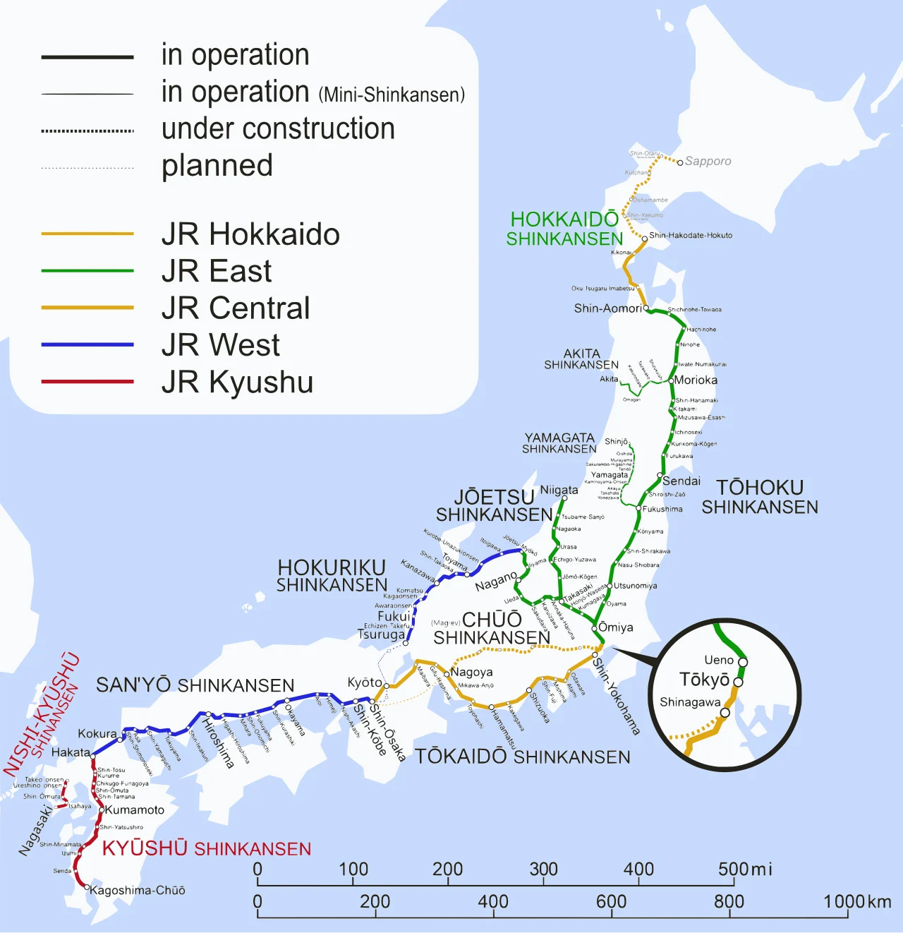 Carte du réseau Shinkansen en 2024, avec les lignes en service et en construction