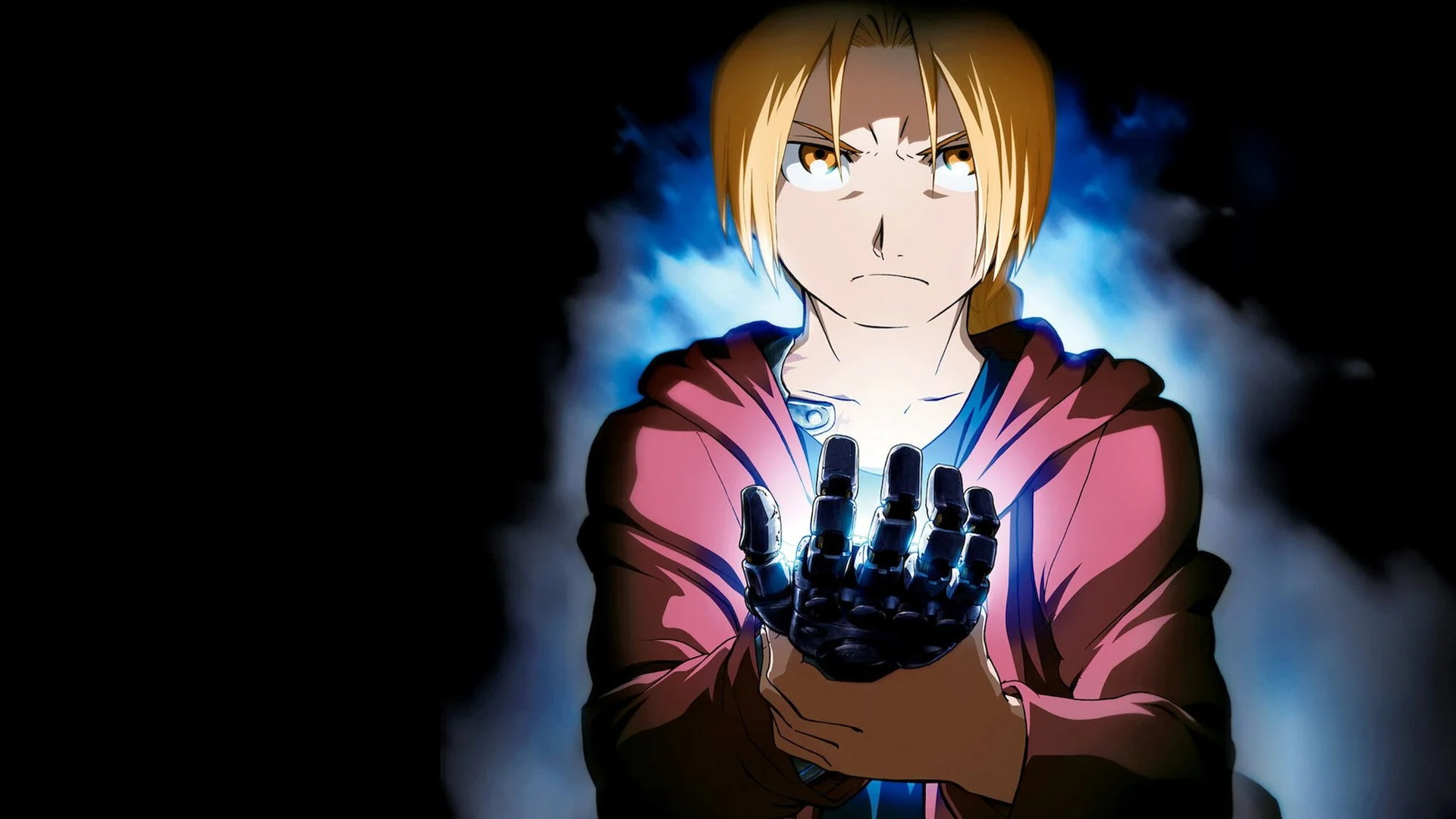 Edward Elric montre son bras d'automail, manteau rouge sur les épaules, dans Fullmetal Alchemist: Brotherhood