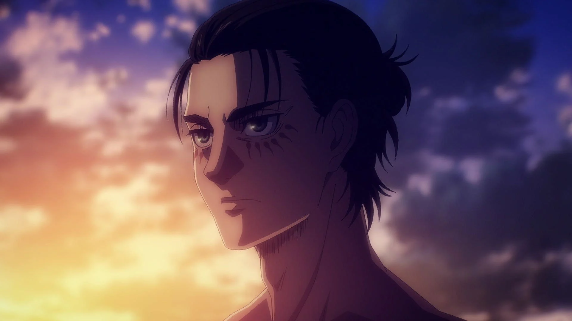Eren Jäger adulte, le regard sombre, sous un ciel de crépuscule dans L'Attaque des Titans