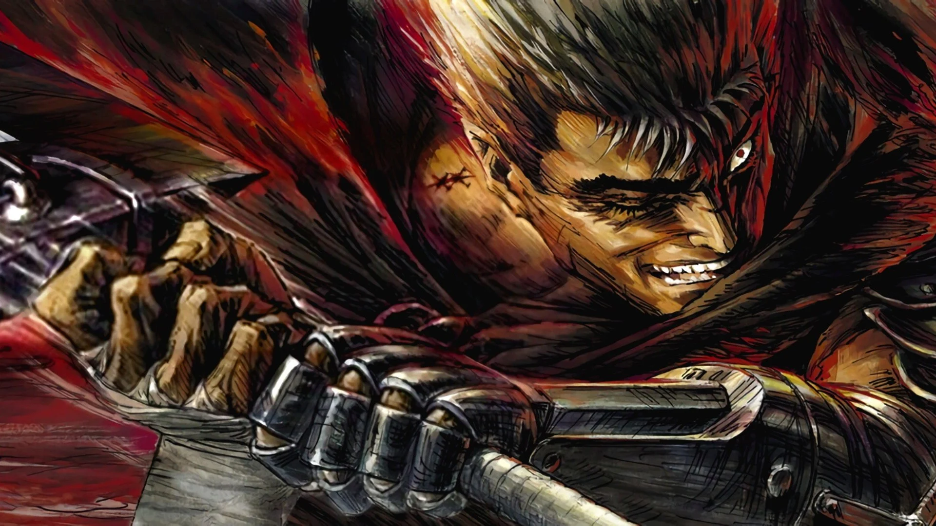 Guts, la mâchoire serrée, brandit son épée géante dans Berserk