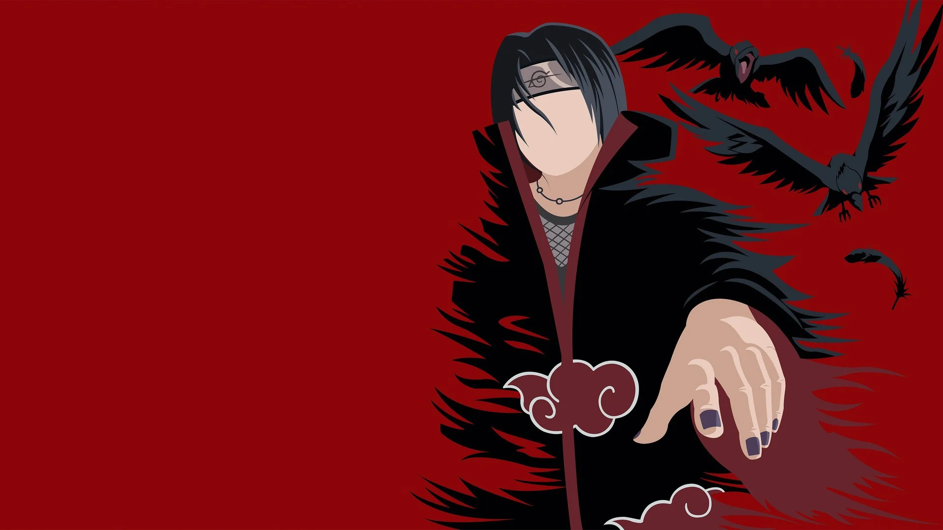 Itachi Uchiwa dans son manteau de l'Akatsuki, entouré de corbeaux, sur fond rouge