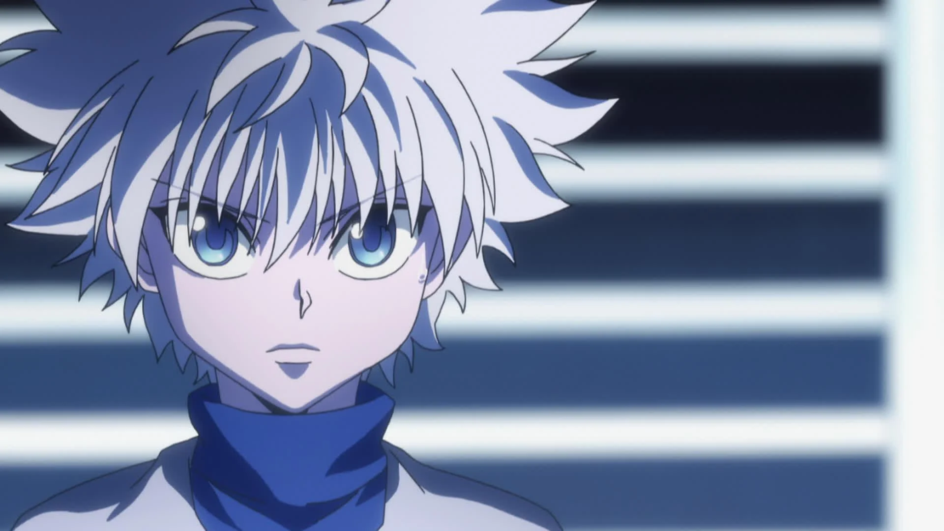 Kirua Zoldik, cheveux blancs et écharpe bleue, fixe l'horizon dans Hunter x Hunter