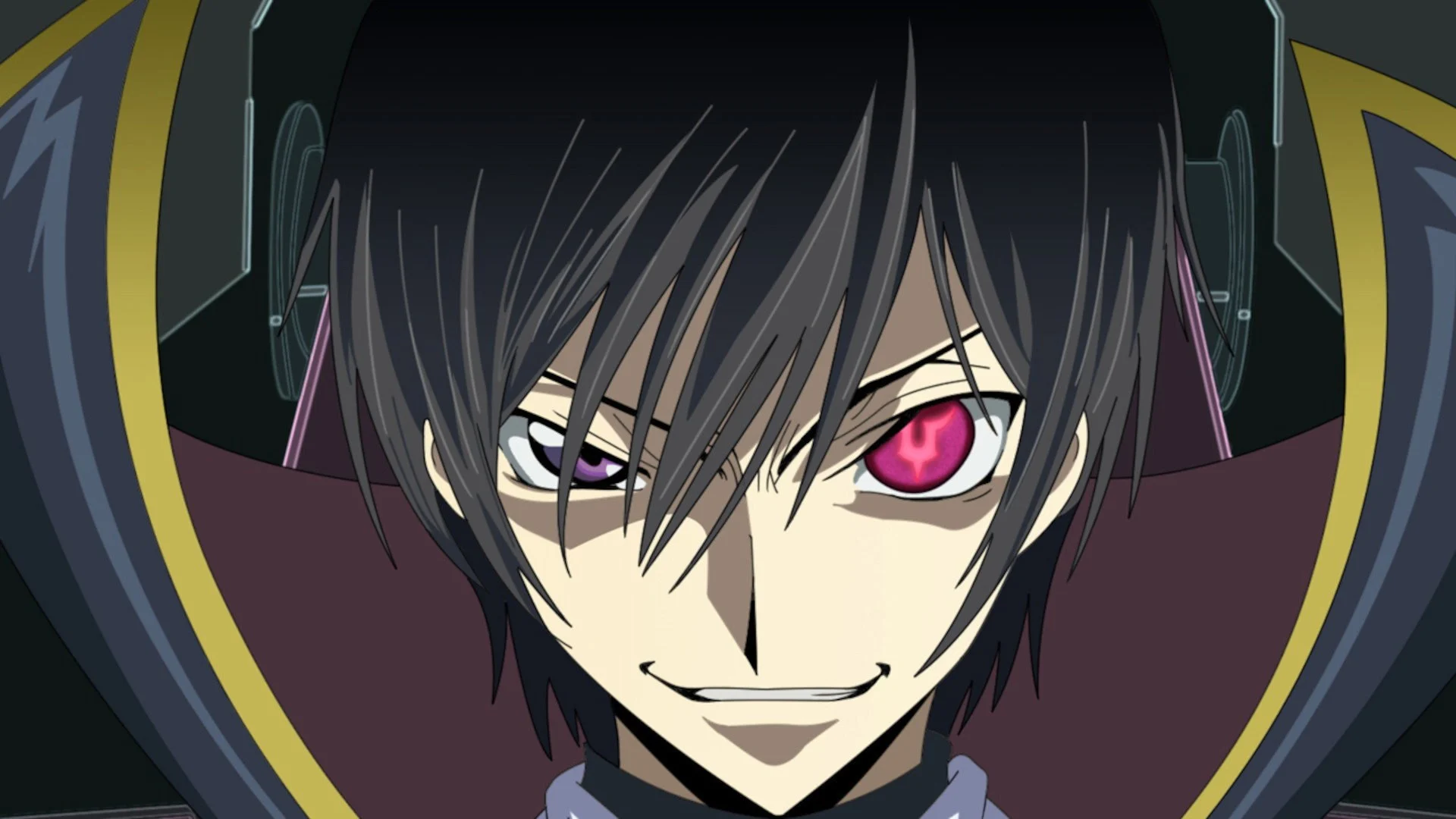 Lelouch Lamperouge sourit, l'œil gauche marqué du Geass rouge, dans Code Geass