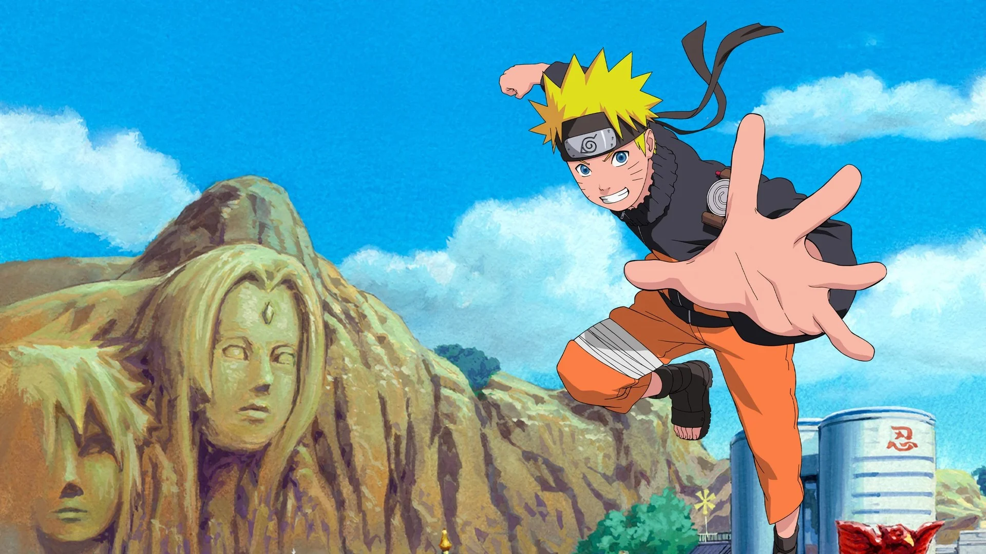 Naruto Uzumaki bondit au-dessus du mont des Hokage, dans Naruto Shippuden