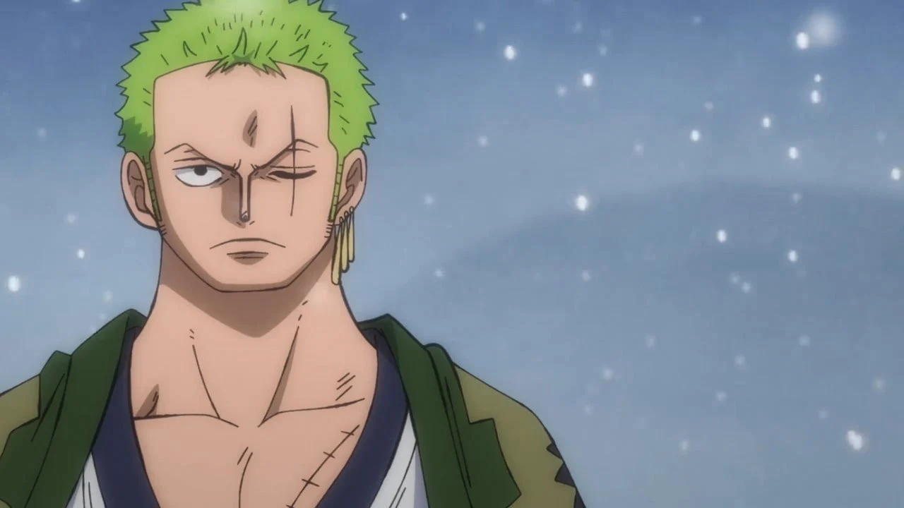 Roronoa Zoro en kimono sous la neige, l'œil gauche fermé, dans l'arc Wano de One Piece