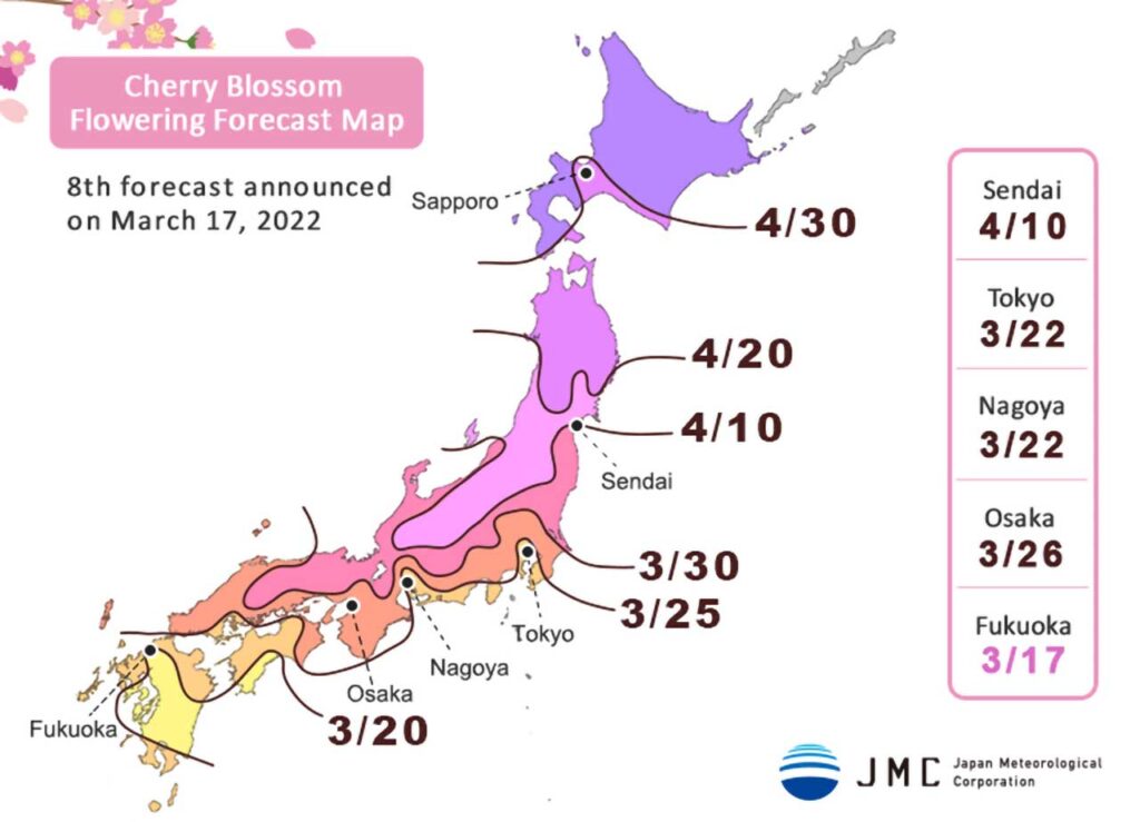 Carte prévision de l'éclosion des sakura en 2022, au Japon