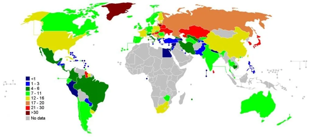 Taux de suicide pour 100&nbsp;000 habitants au Japon par rapport aux autres pays, selon l'Organisation mondiale de la santé. Crédits : MapLoader - Wikipédia