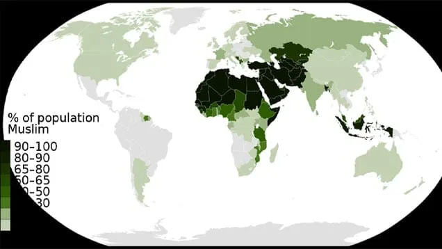 La carte montre le % de population musulmane dans chaque nation, dans le monde entier