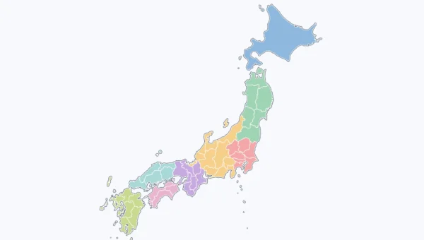 Carte du Japon colorée selon les 8 régions, de Hokkaidō au nord à Kyūshū au sud