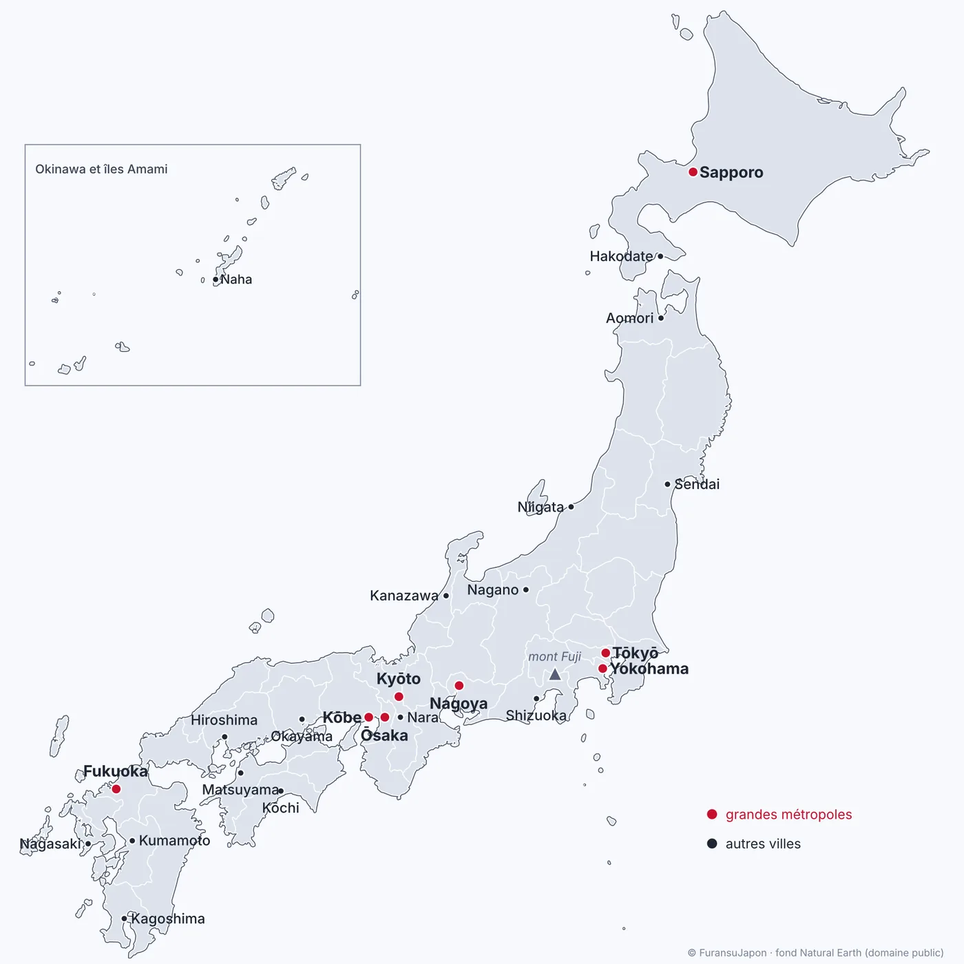Carte des grandes villes du Japon : Tōkyō, Yokohama, Ōsaka, Nagoya, Sapporo, Fukuoka, Kyōto, Kōbe et les autres villes principales, avec le mont Fuji