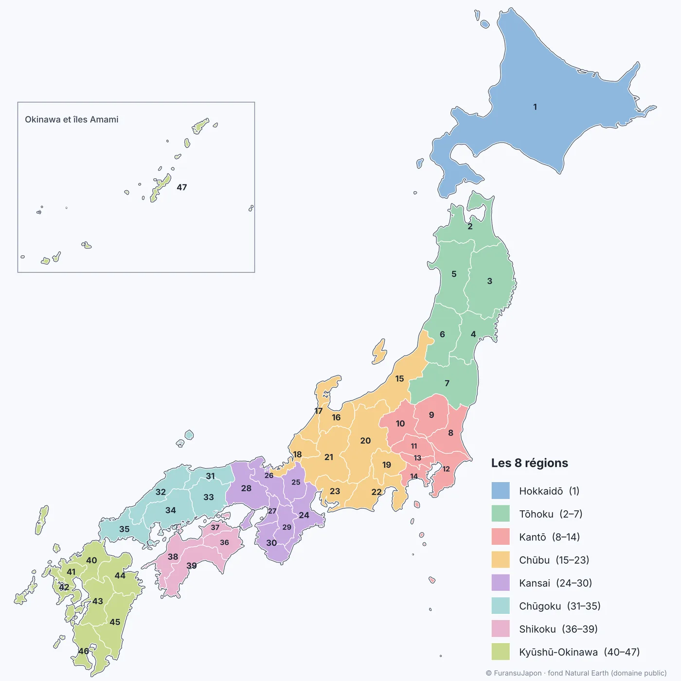 Carte des 8 régions et des 47 préfectures du Japon, numérotées de 1 (Hokkaidō) à 47 (Okinawa)