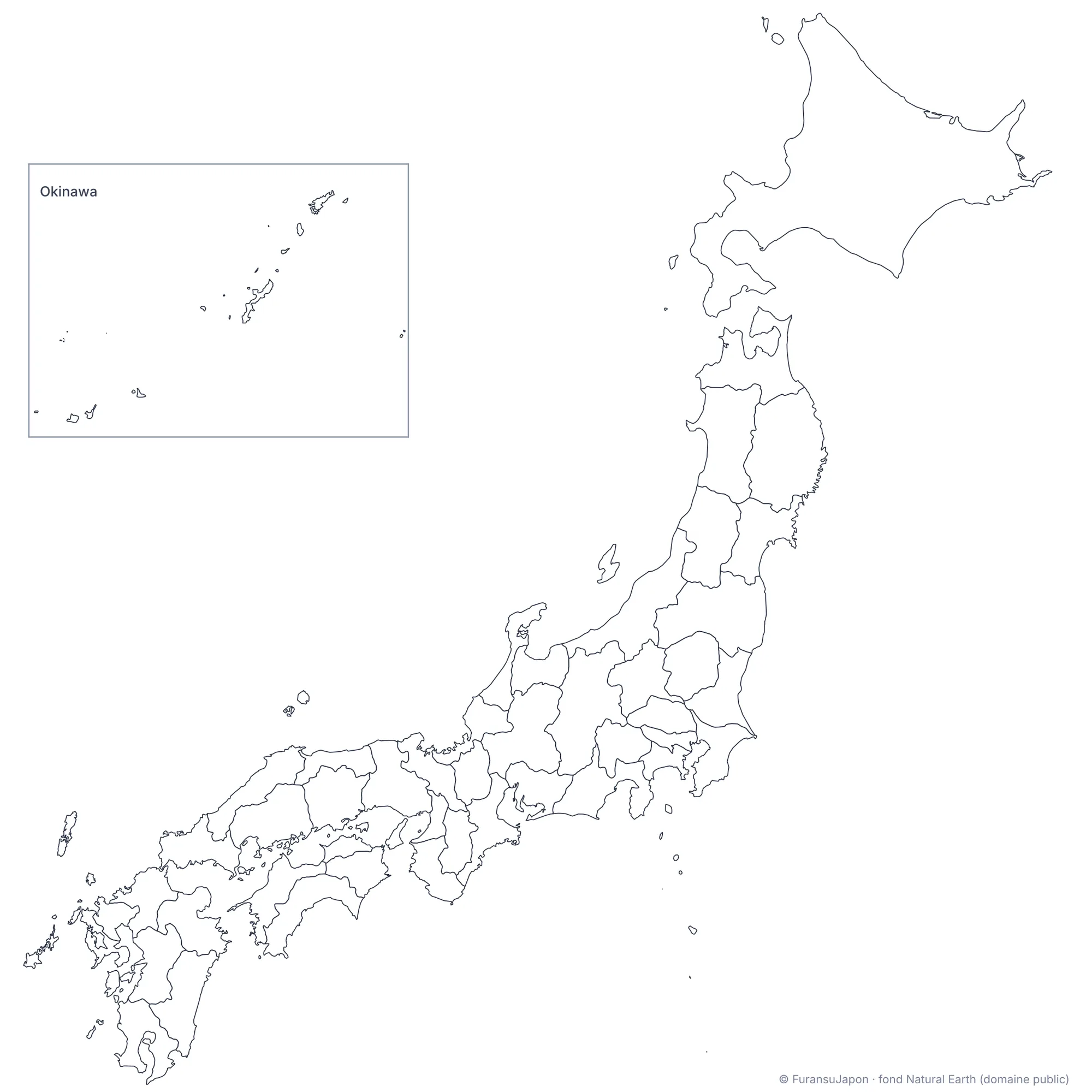 Carte vierge du Japon à imprimer, avec le contour des 47 préfectures et un encart pour Okinawa