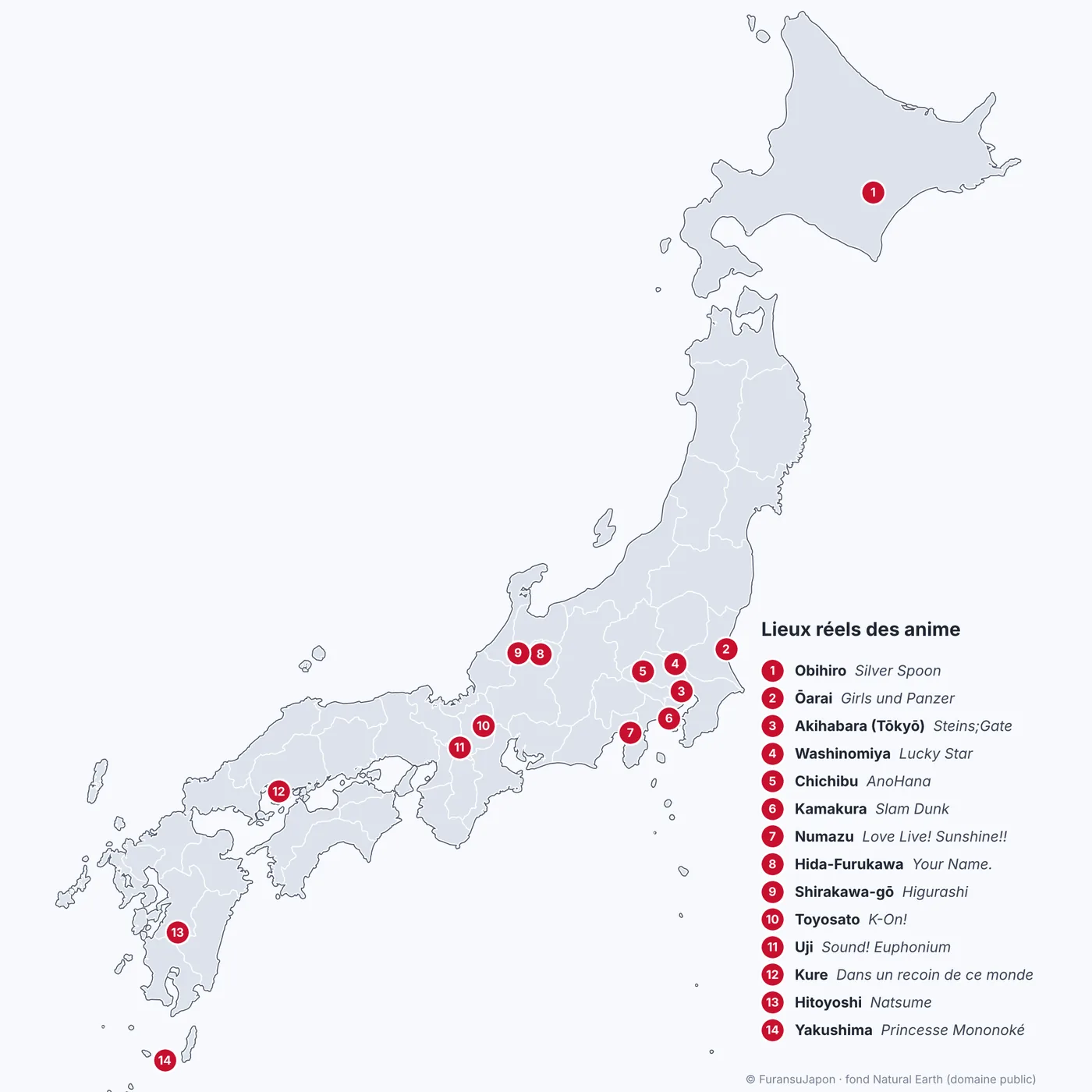 Carte du Japon des lieux réels qui ont inspiré des anime, de Silver Spoon à Obihiro jusqu'à Princesse Mononoké à Yakushima