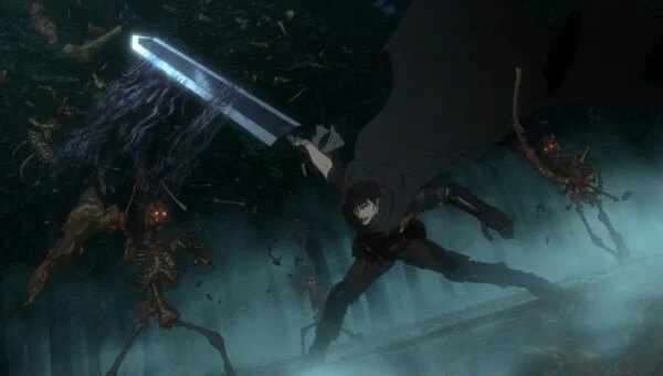 Guts brandit son épée géante face à des squelettes dans le premier épisode de Berserk (2016)