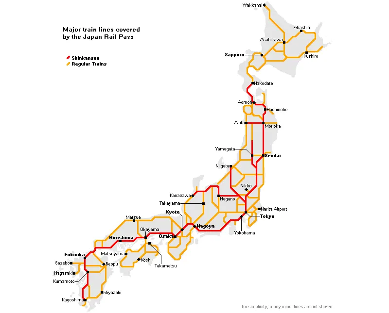 Carte des lignes du JR Pass, réalisée par le site Japan-Guide.com