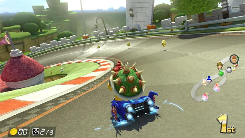 Bowser sur un carte qui tourne à gauche dans Mario Kart 8 Deluxe