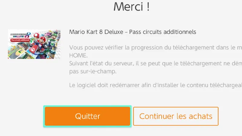 Validation de la commande des circuits additionnels (DLC) sur Mario Kart 8 Deluxe