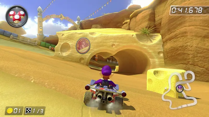 Waluigi qui prend un passage secret dans Mario Kart 8 Deluxe