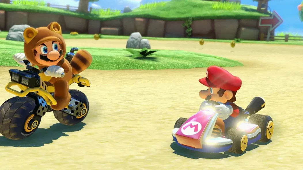 Tanuki Mario et Mario se regardent dans Mario Kart 8 Deluxe