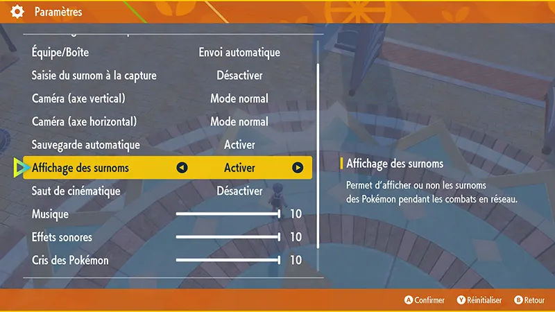 Désactivation de l'affichage des surnoms dans le menu des paramètres dans Pokémon Écarlate et Violet