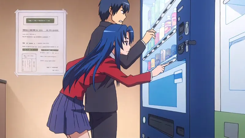 Un garçon et une fille devant une machine automatique dans un anime