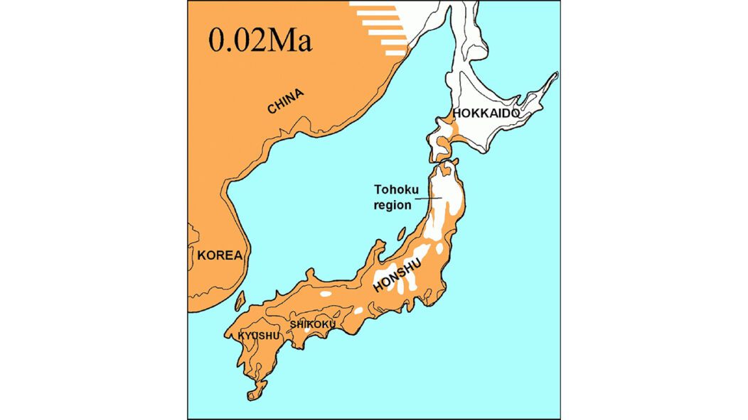 Le Japon au dernier maximum glaciaire du pléistocène tardif, il y a environ 20 000 ans.