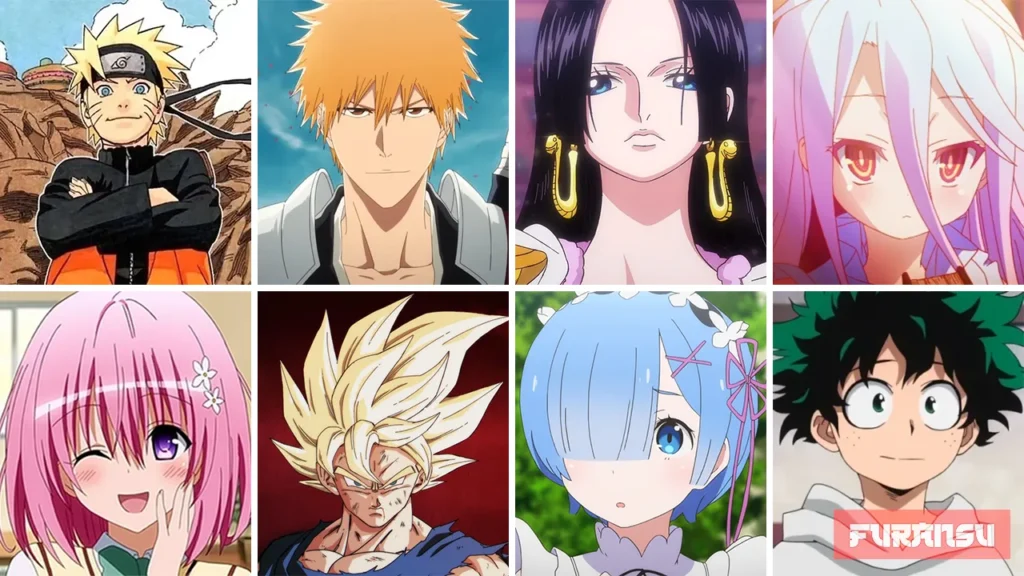 Couleurs de cheveux de plusieurs personnages d'animes en grille