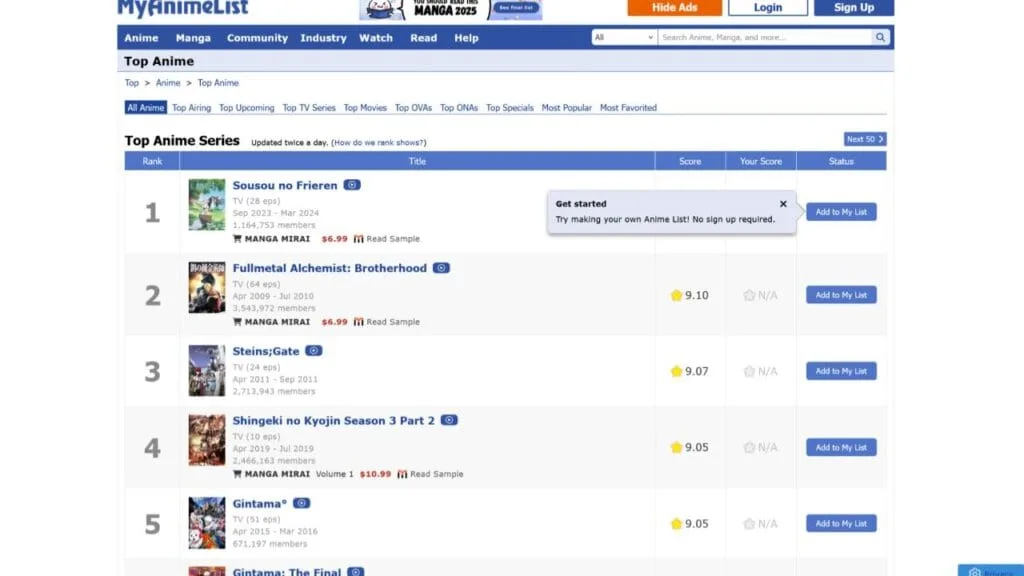 Capture d'écran de MyAnimeList