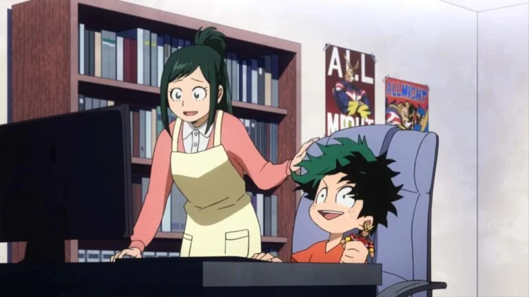 Deku devant un ordinateur, avec sa mère