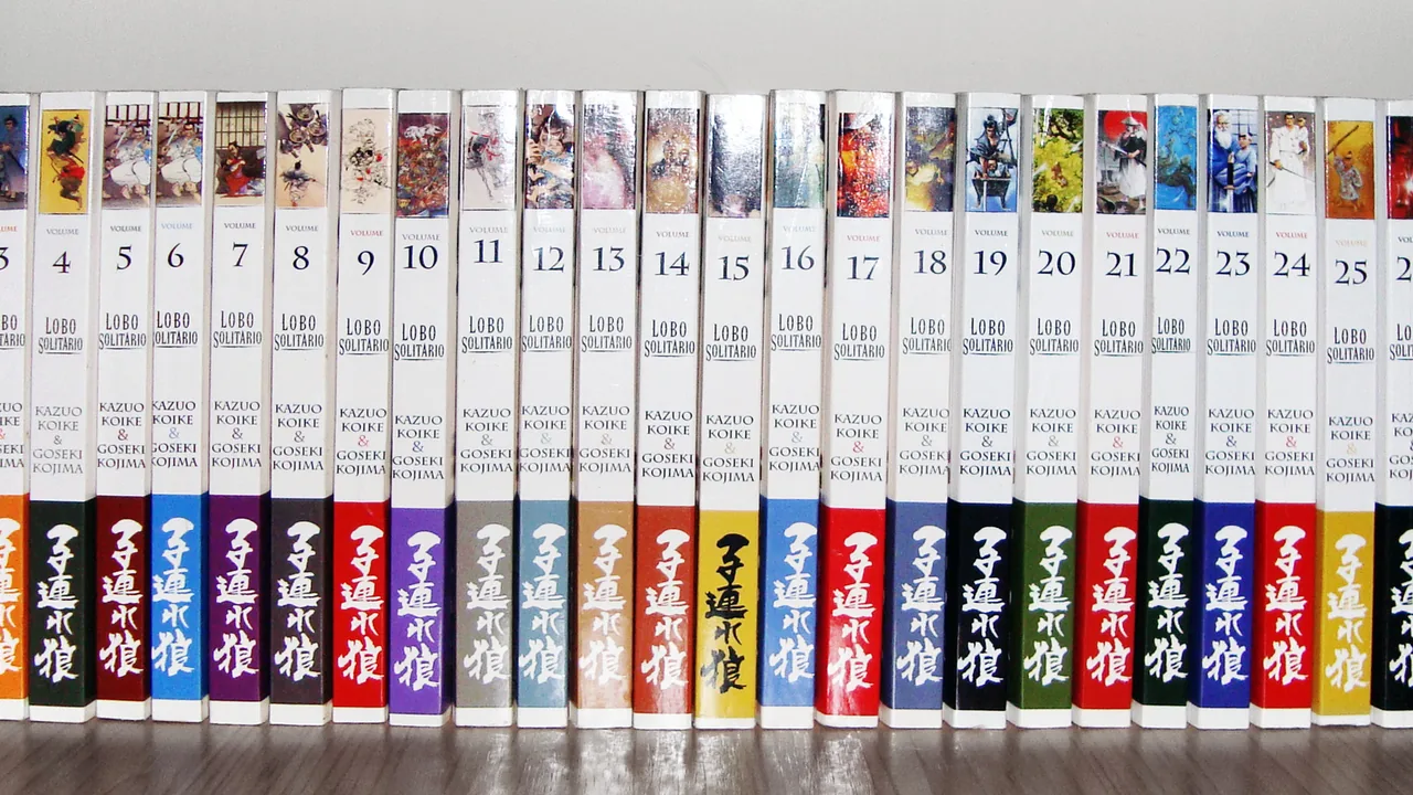 Collection complète de Lone Wolf and Cub alignée dans l’ordre des volumes sur une étagère